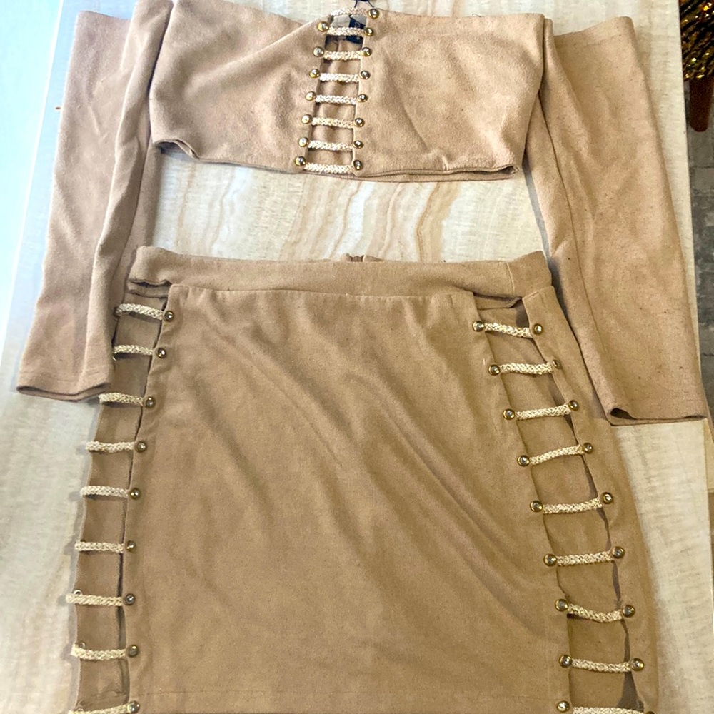 Beige two piece cut out skirt set
